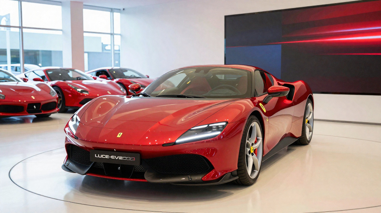 Roter Ferrari-Sportwagen im Showroom mit weiteren roten Autos im Hintergrund.
