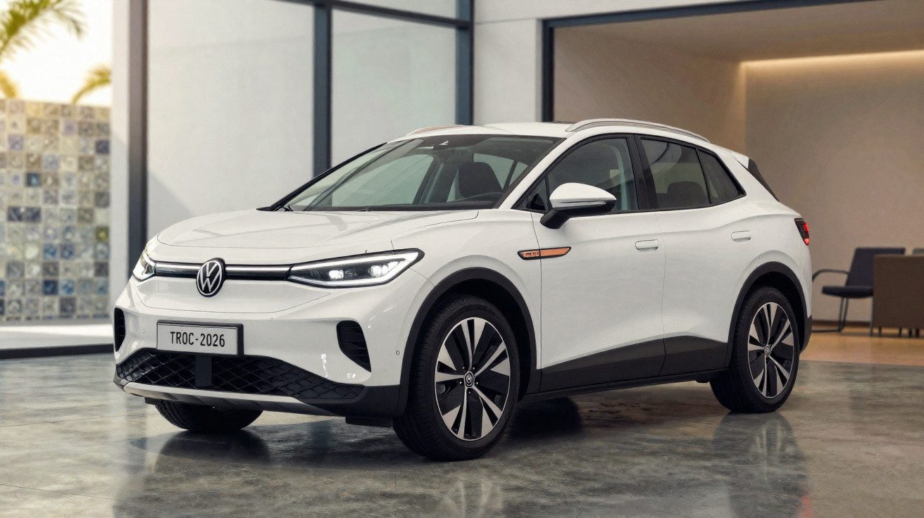 Weißer Volkswagen ID.4 Elektro-SUV geparkt in modernem Innenraum mit Glasfenstern und Stühlen.