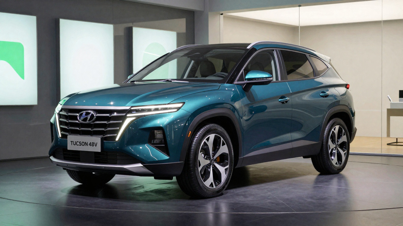 Blauer Hyundai Tucson 48V SUV in modernem Showroom mit LED-Scheinwerfern und großen Felgen.