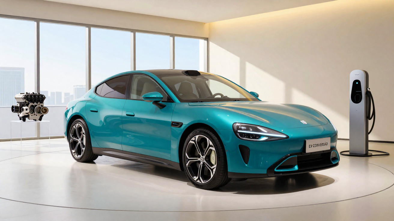 Türkisfarbener Elektroauto-Stadtsportwagen in modernem Showroom mit Ladestation und Motor auf Ständer.