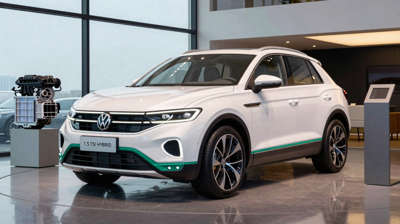 Weißer Volkswagen SUV 1.5 TSI Hybrid im Showroom mit Motor und Informationsdisplay.