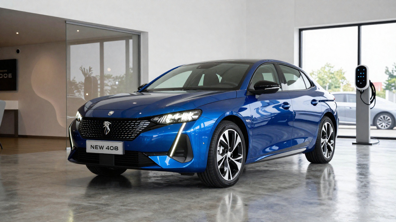 Blauer Peugeot New 408 steht in einem hellen Raum neben einer Ladestation für Elektroautos.