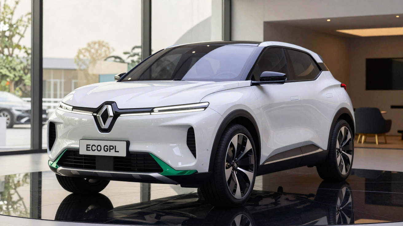 Weißer Renault Elektro-SUV Eco GPL steht in modernem Showroom mit großen Fenstern.