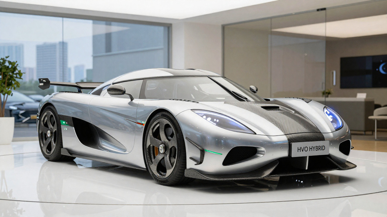 Silberner Koenigsegg Supersportwagen mit Hybrid-Technologie in modernem Ausstellungsraum.