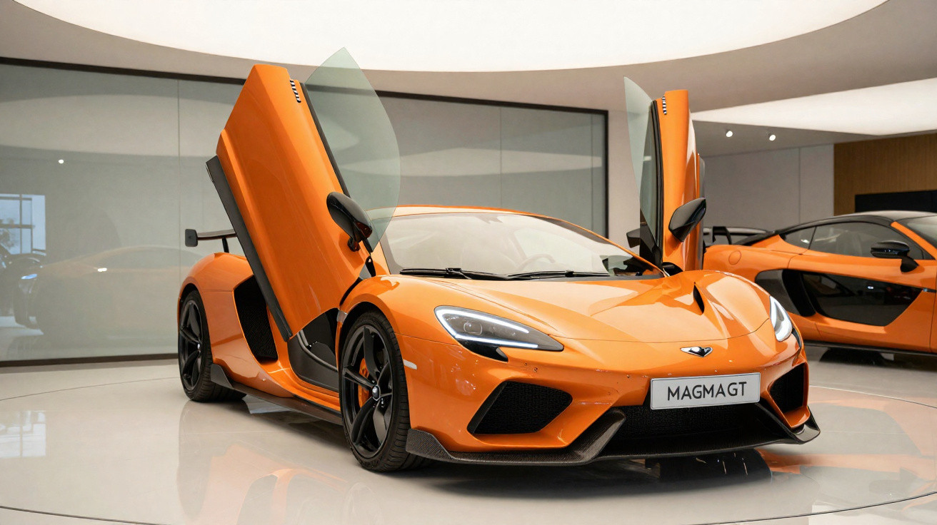 Orangefarbener Sportwagen mit geöffneten Flügeltüren in einem modernen Showroom.