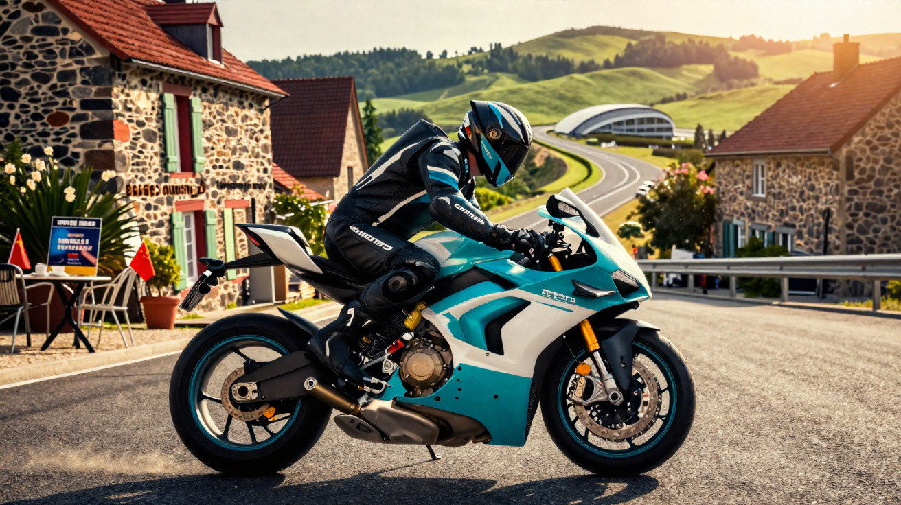 Motorradfahrer in schwarzer Schutzkleidung auf blau-weißem Sportmotorrad auf Landstraße im sonnigen Dorf.