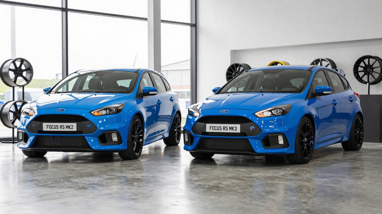 Zwei blaue Ford Focus RS Modelle MK2 und MK3 in einer Garage mit Felgen im Hintergrund.