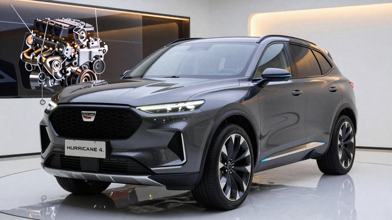 Grauer Geländewagen Geely Hurricane 4 im Ausstellungsraum mit Motorbild an der Wand.