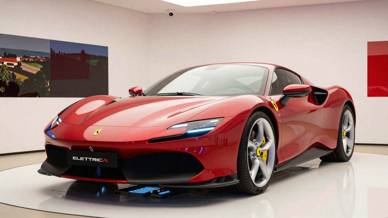 Roter Ferrari Elettrica Sportwagen in modernem Ausstellungraum, frontal leicht von links fotografiert.