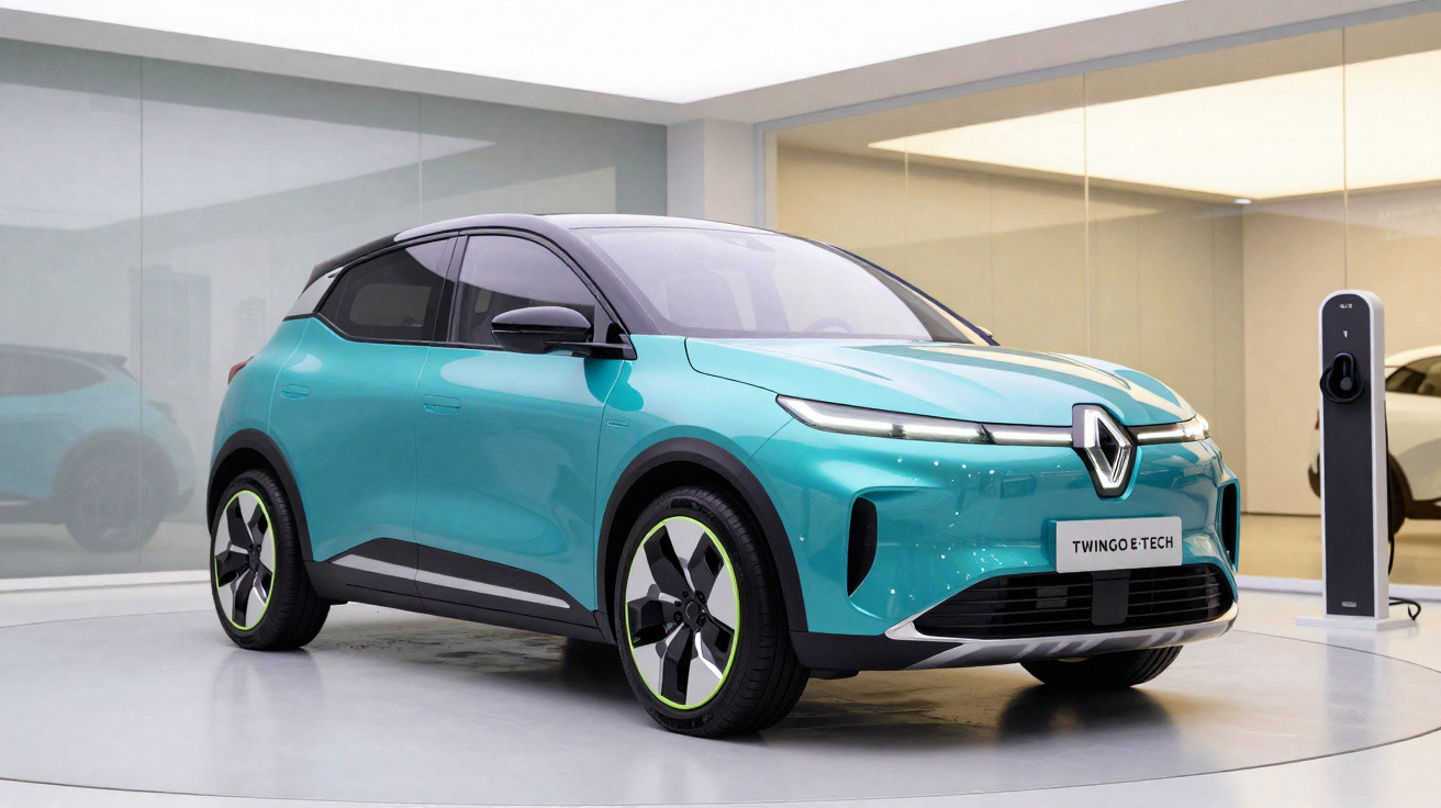 Aquamarinfarbener Renault Twingo E-Tech Elektro-Kleinwagen in moderner Ausstellung mit Ladestation im Hintergrund
