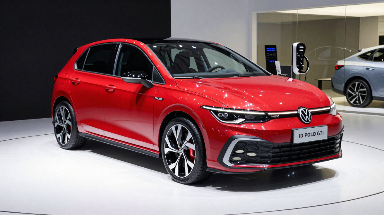 Roter Volkswagen ID Polo GTI auf weißem Ausstellungsboden mit schwarzem Hintergrund.