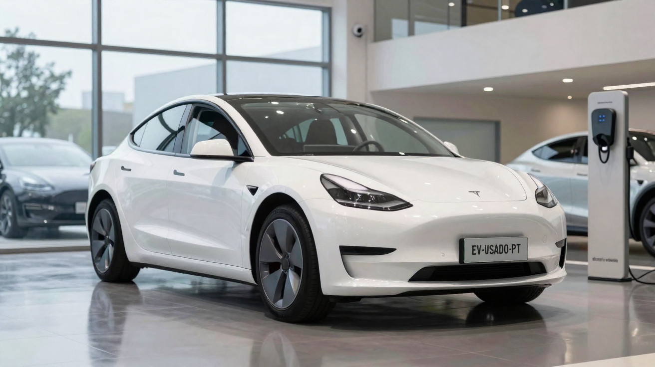Weißer Tesla Model 3 Elektroauto im Showroom mit Ladestation im Hintergrund.