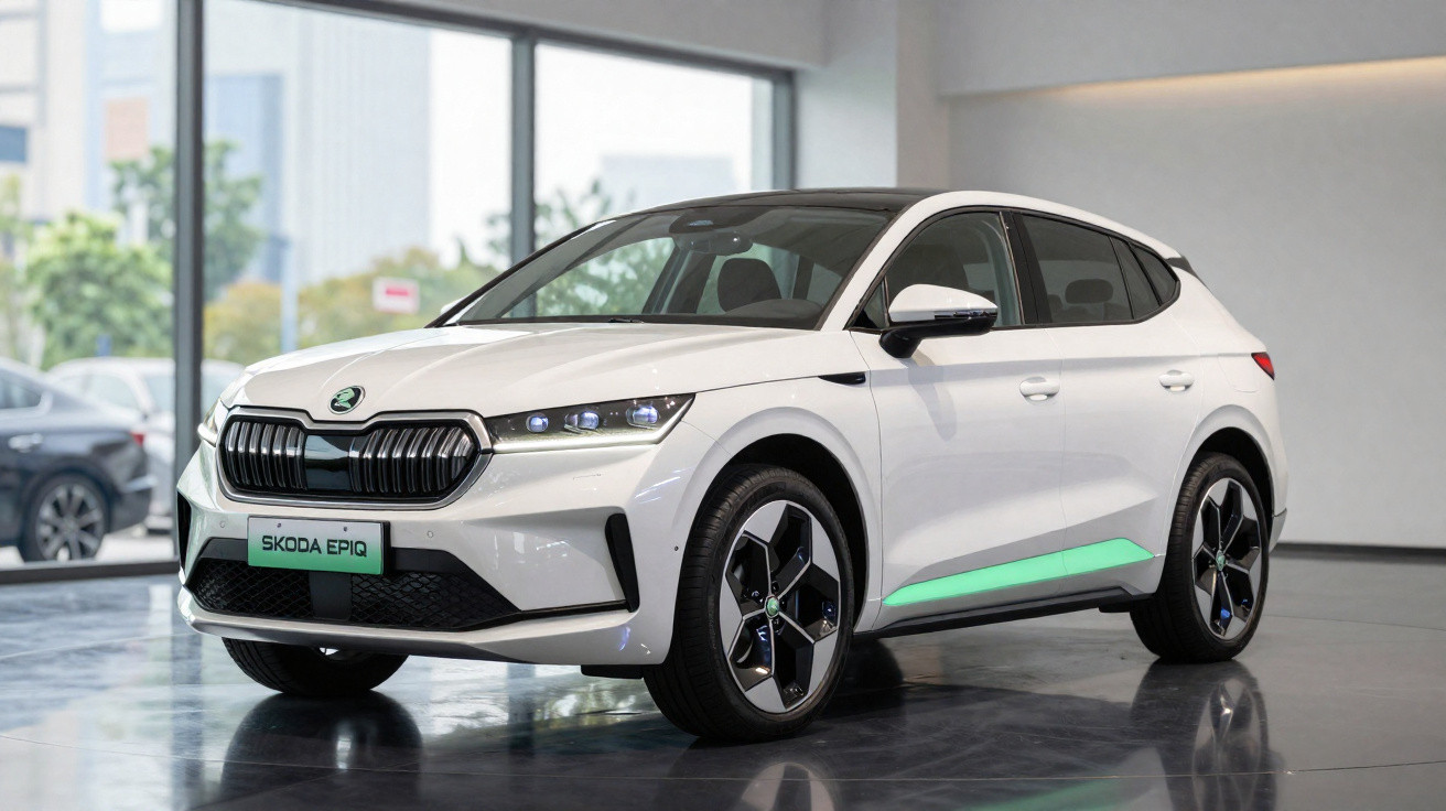 Weißer Skoda Epiq Elektro-SUV im Showroom, moderne LED-Scheinwerfer und stilvolle Felgen, seitliche grüne Akzente.