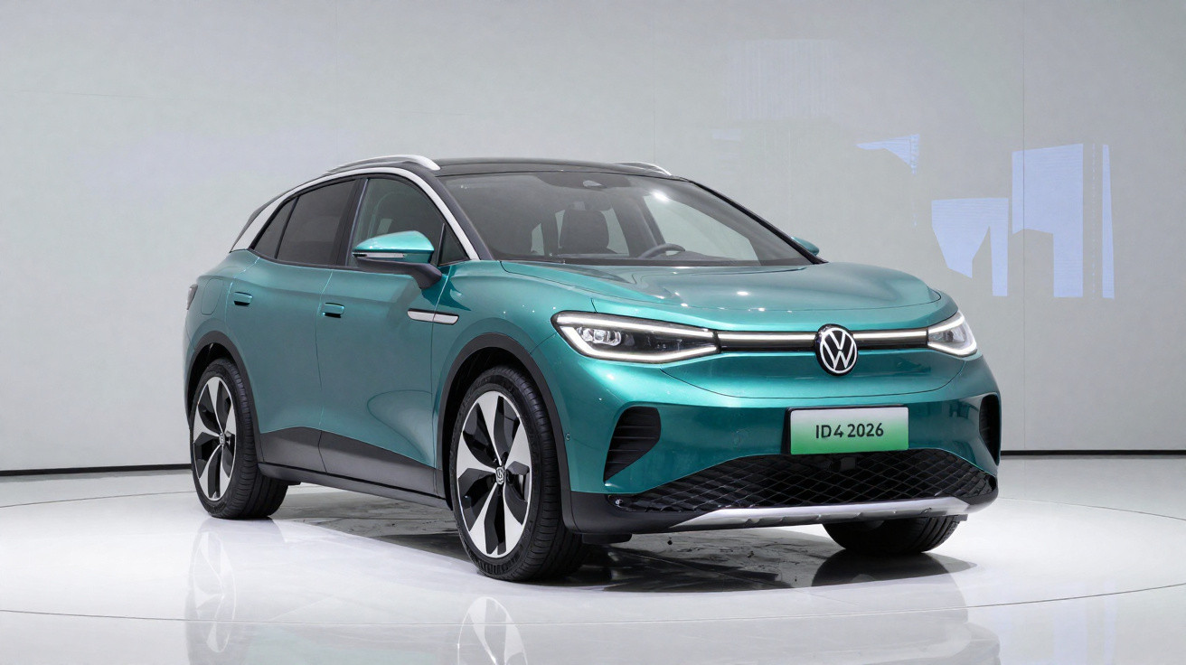 Volkswagen ID.4 Elektro-SUV in grün-metallic auf weißem Ausstellungsboden vor weißer Wand.