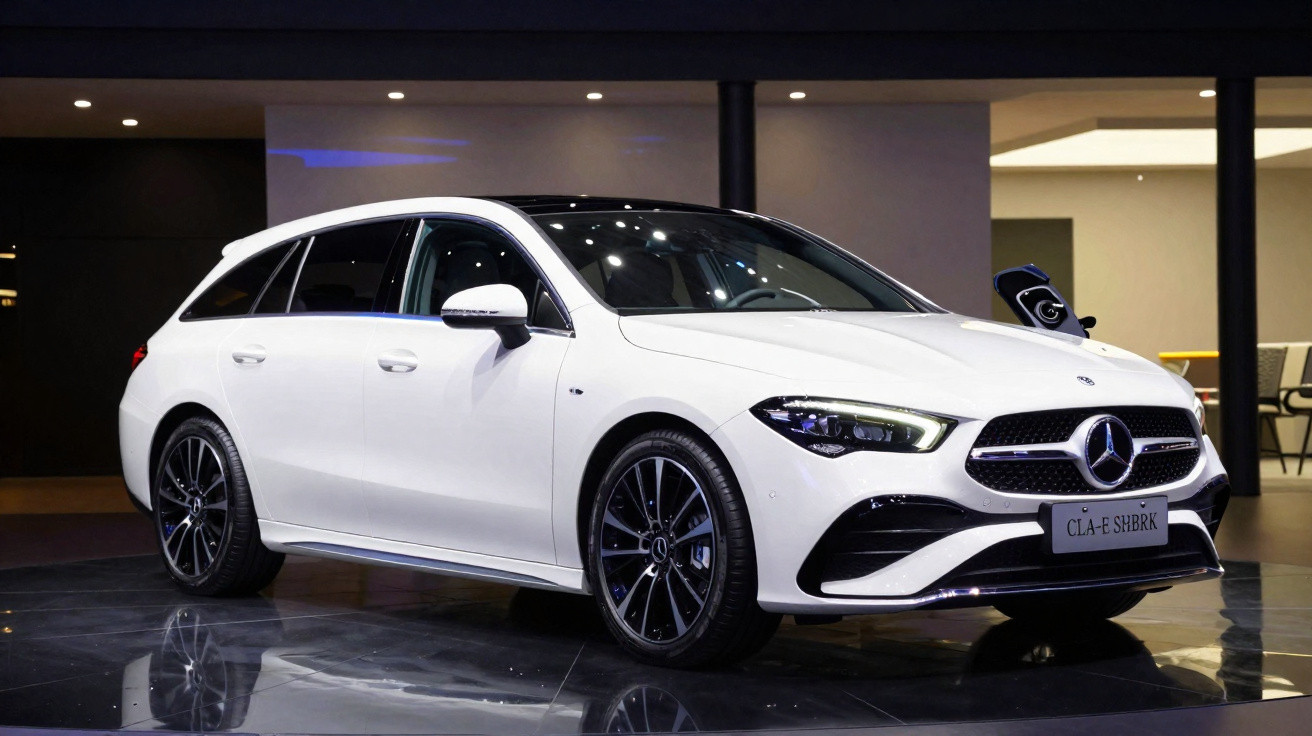 Weißer Mercedes CLA Shooting Brake sportliches Design steht in modernem Showroom mit Beleuchtung.