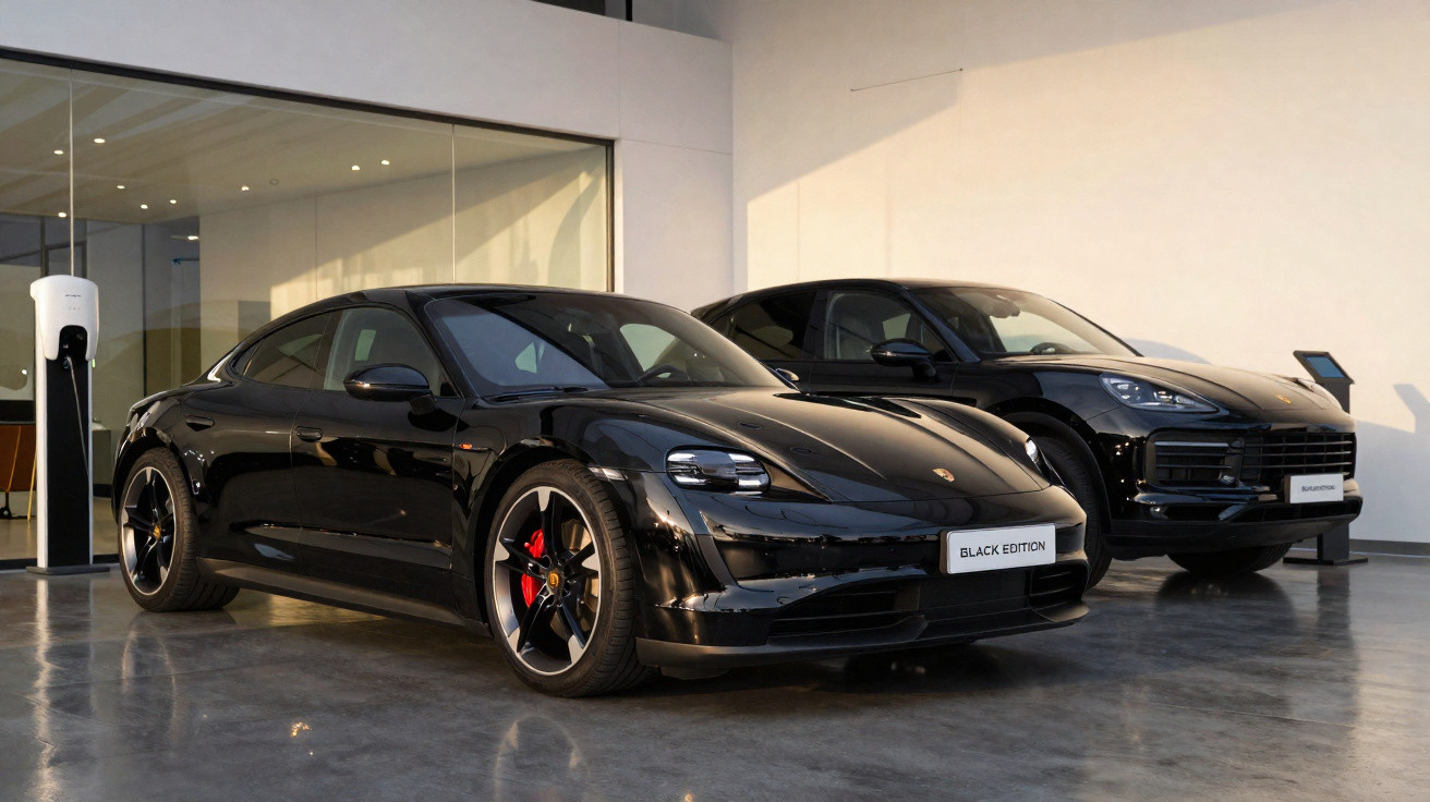 Zwei schwarze Porsche-Modelle, ein Taycan und ein Cayenne, in einem hellen Ausstellungsraum mit Ladestation.