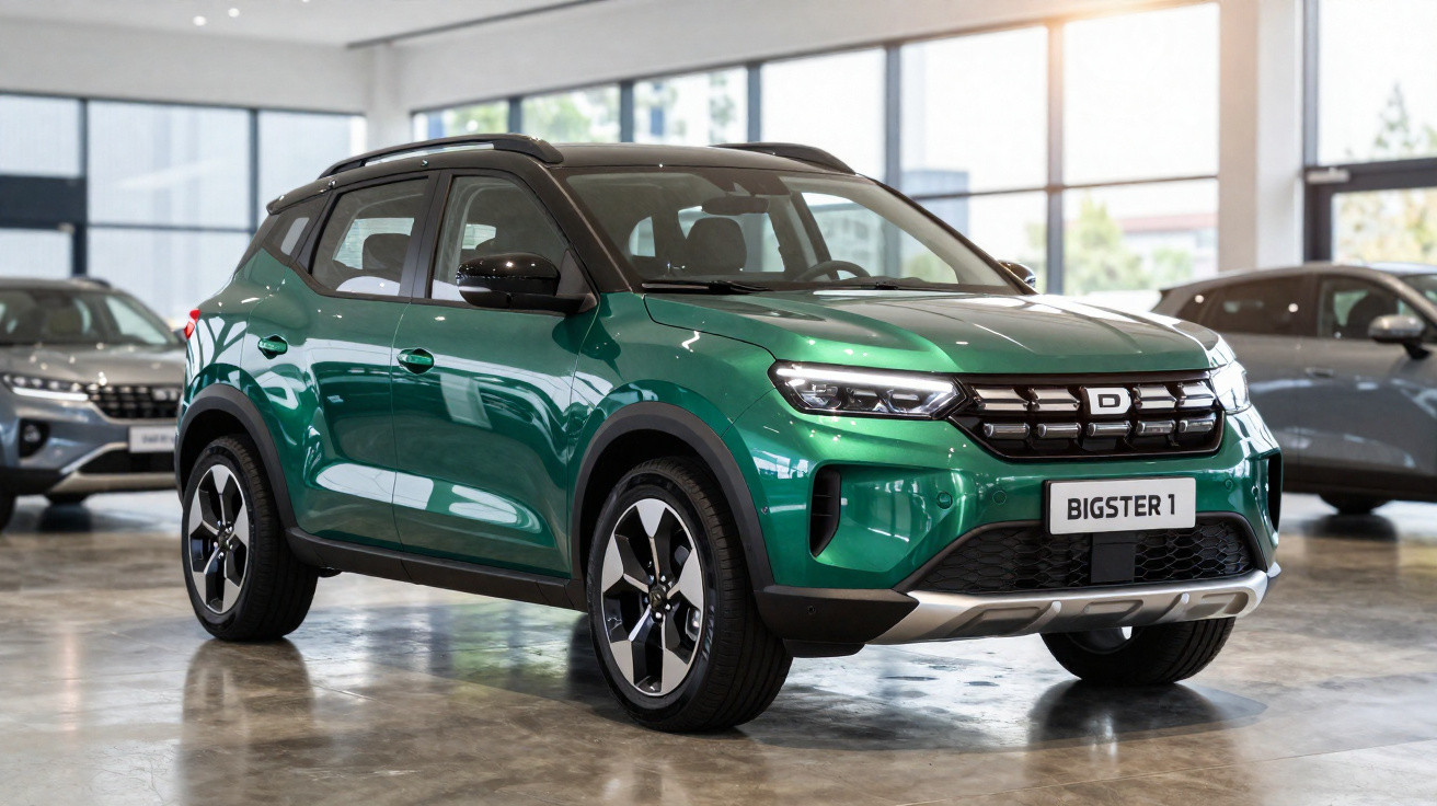 Grüner Dacia Bigster 1 SUV in einem hellen Autohaus mit glänzendem Boden und großen Fenstern.