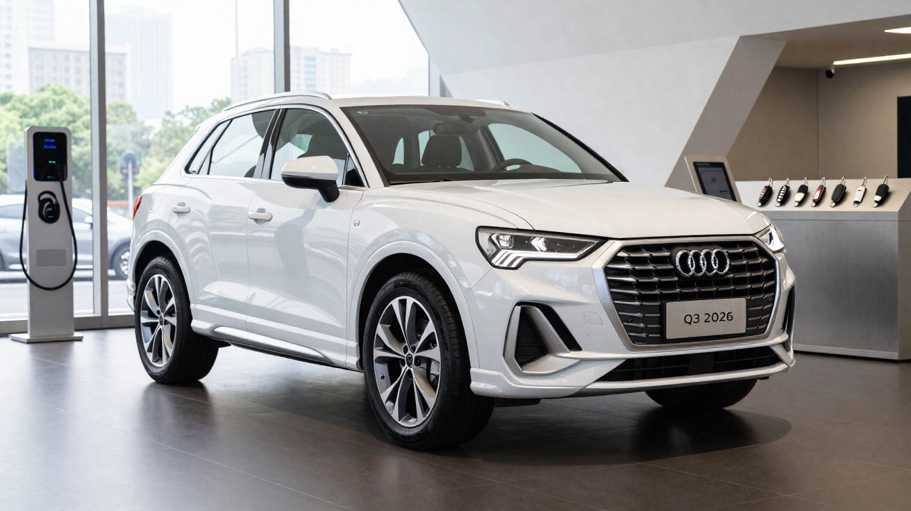 Weißer Audi Q3 2026 SUV im Showroom neben einer Elektroladesäule.