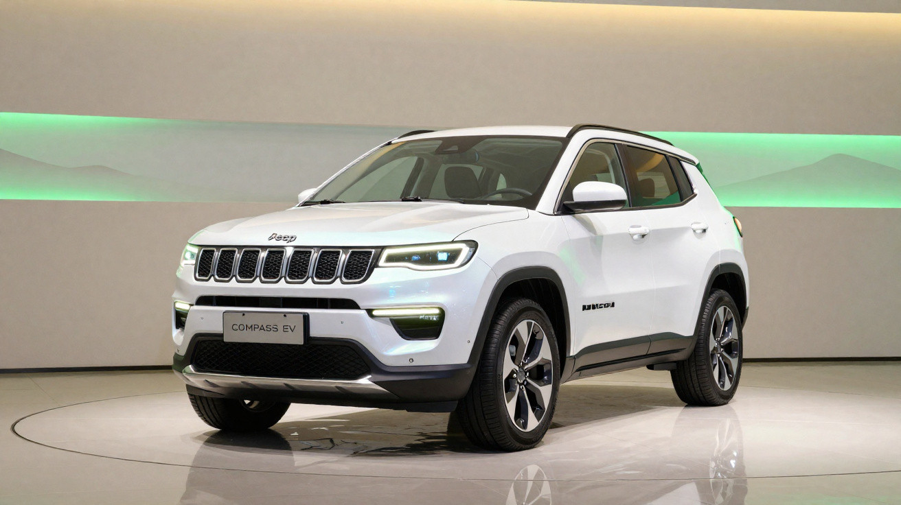 Weißer Jeep Compass EV Elektro-SUV in moderner Ausstellung mit grüner Wandbeleuchtung.