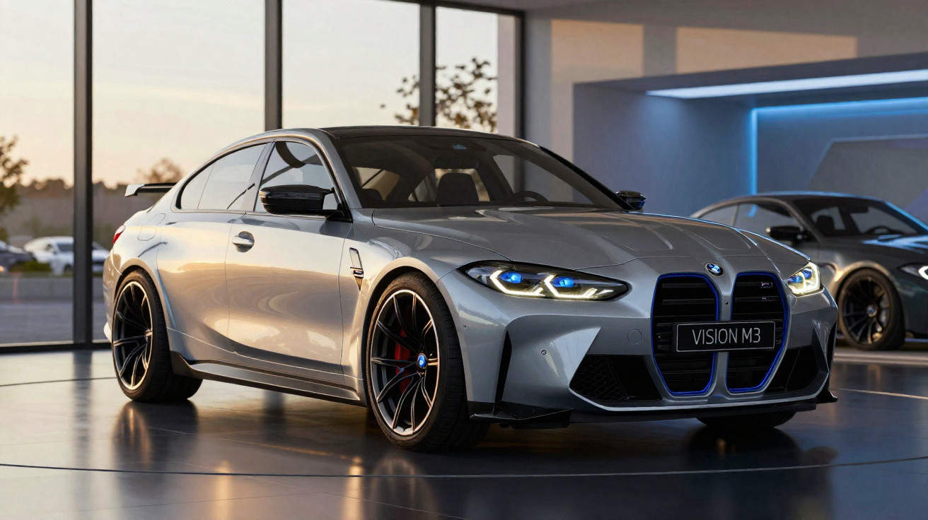 Silberner BMW Vision M3 mit schwarzem Kühlergrill und leuchtenden Scheinwerfern in modernem Showroom.