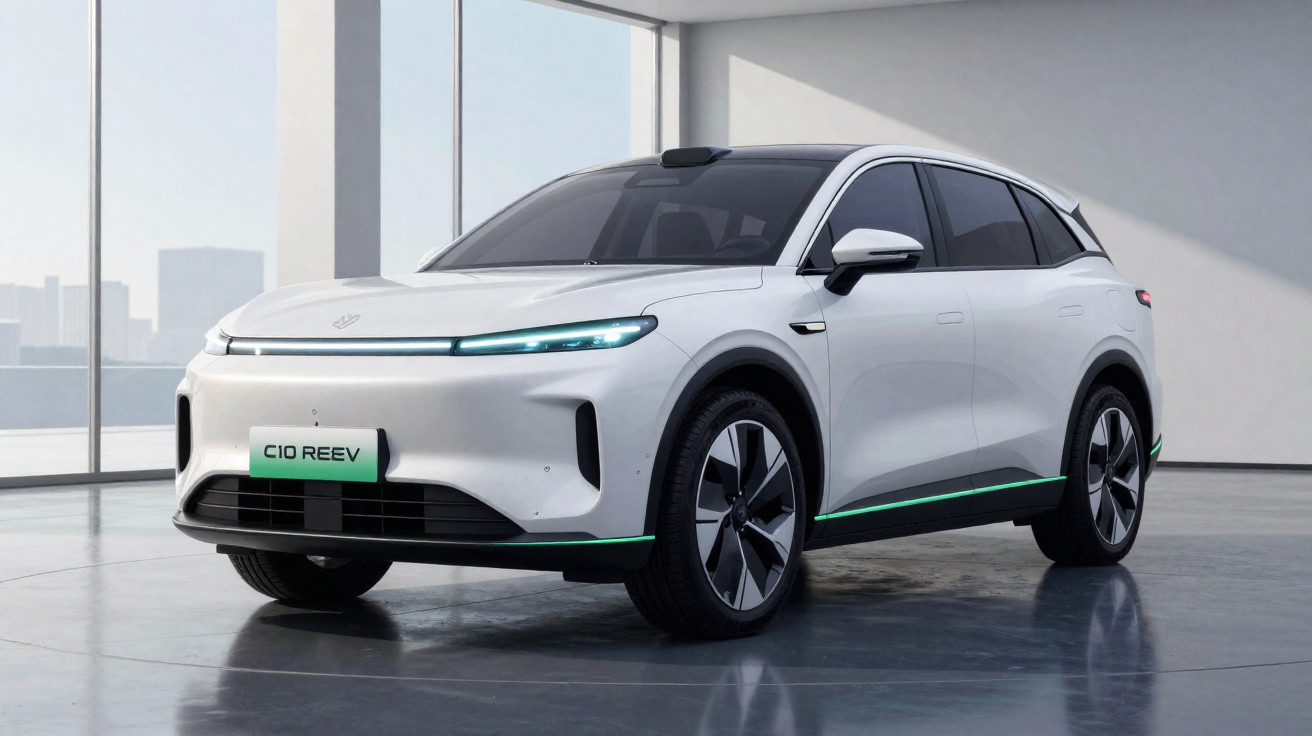 Weißes modernes Elektromodell-SUV in stilvollem Innenraum mit großen Fenstern und Stadtblick.