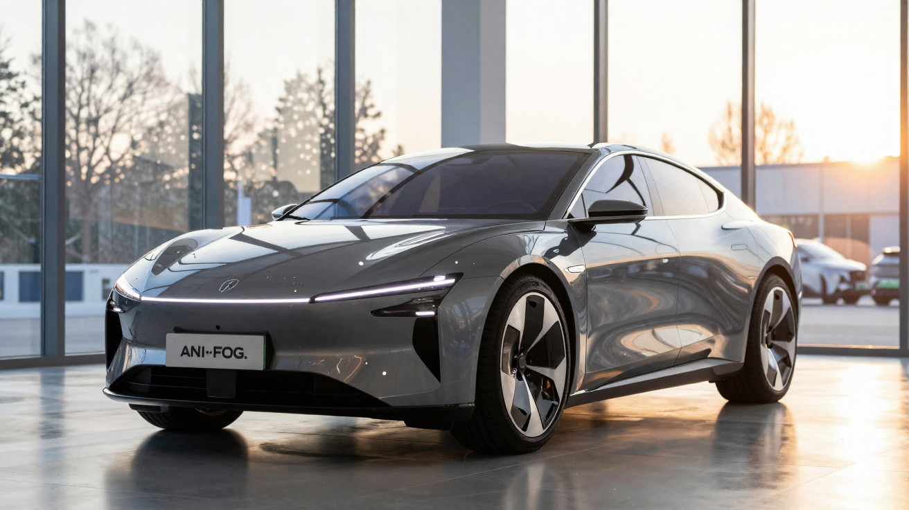 Silberner Elektro-Sportwagen in modernem Showroom bei Sonnenuntergang, futuristisches Design, glänzende Oberfläche.