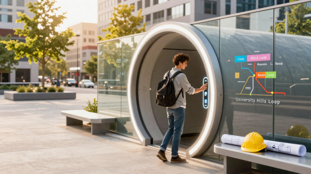 Junger Mann mit Rucksack betritt futuristisches, rundes U-Bahn-Tunnel-Eingang in moderner Stadtumgebung.
