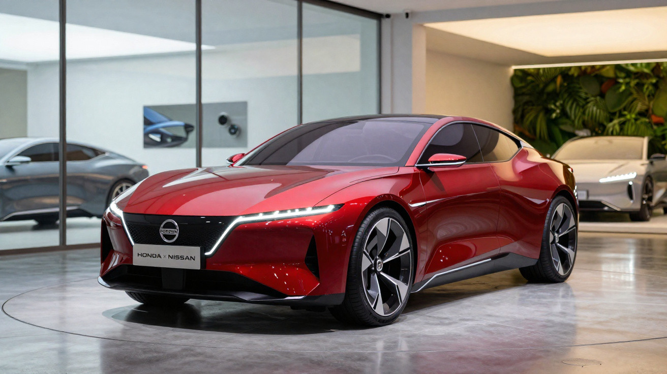 Roter Nissan-Elektrowagen mit futuristischem Design in einem modernen Ausstellungsraum.