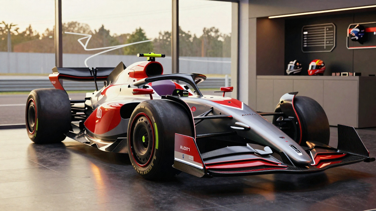 Moderner Formel-1-Rennwagen in rot-schwarzem Design in einer Garage mit großen Fenstern und Helmen im Hintergrund