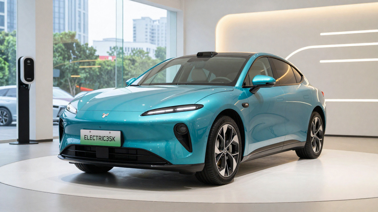 Hellblaues Elektroauto im Showroom mit modernem Design und abgerundeter Frontpartie, Modell Electric35K.