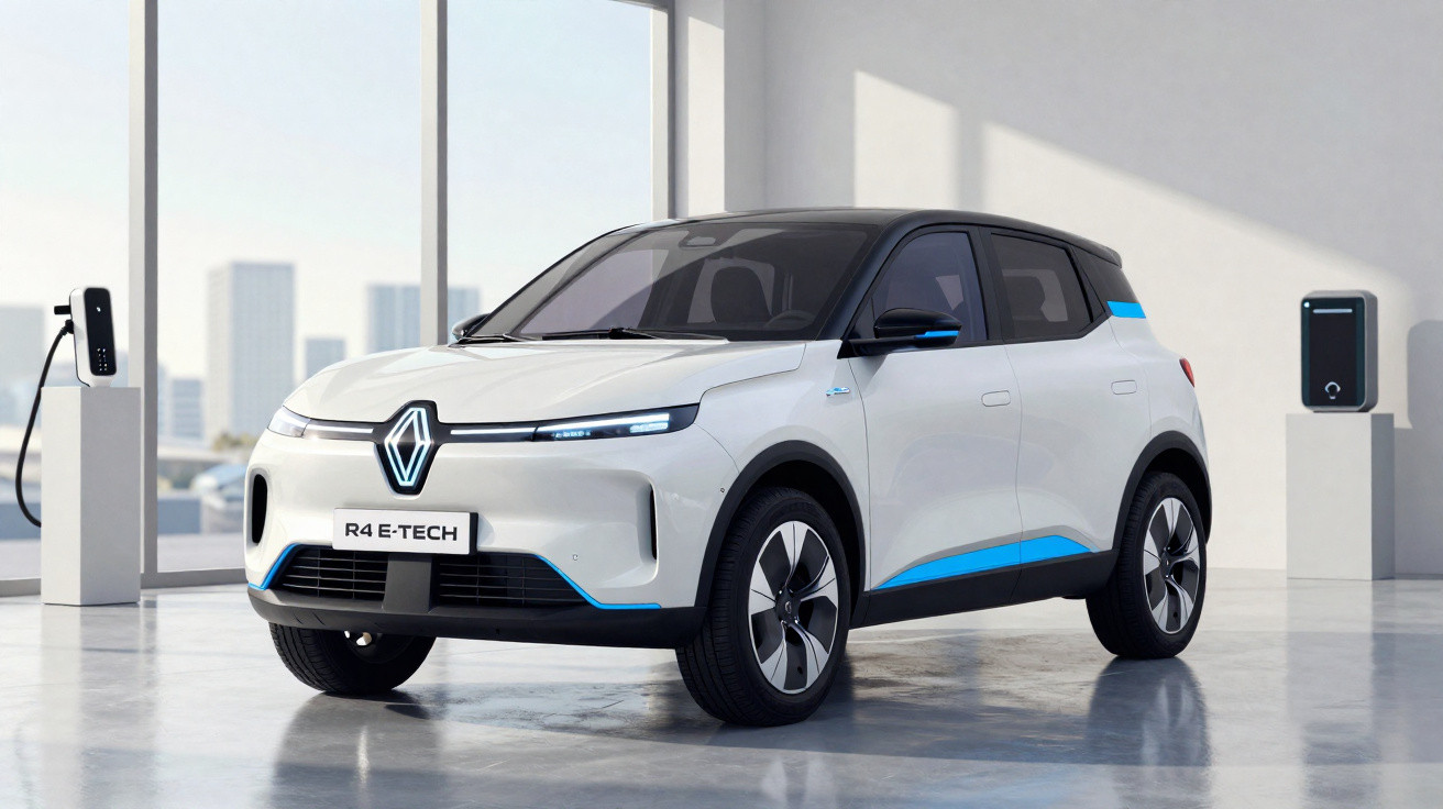 Weißer Renault R4 E-TECH Elektro-SUV in modernem Raum mit Ladestation und Stadtblick im Hintergrund.
