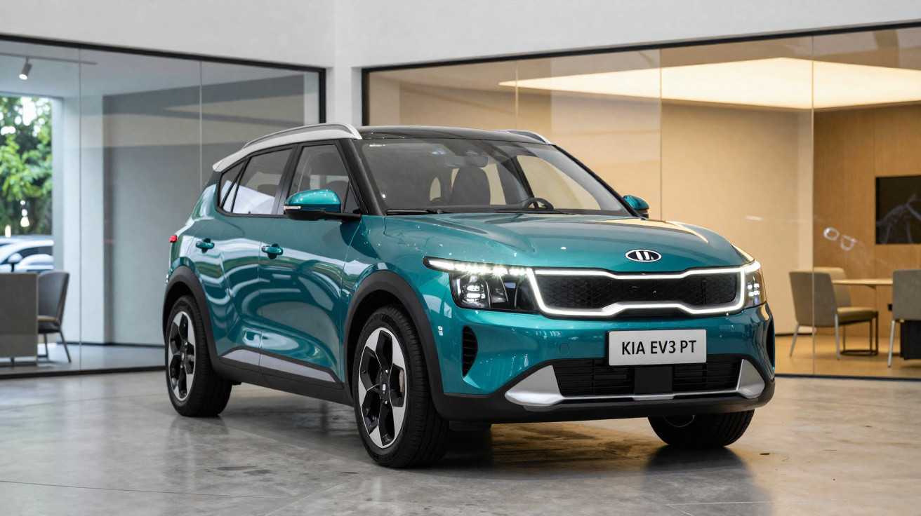 Blauer Kia EV3 PT Elektro-SUV steht in modernem Showroom mit großen Glaswänden und minimalistischer Einrichtung.