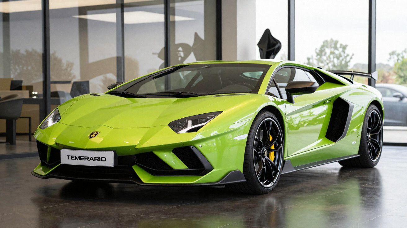 Grüner Lamborghini-Sportwagen mit schwarzem Spoiler in einem modernen Showroom.
