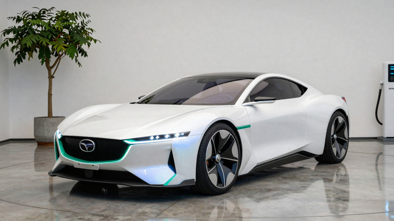 Weißer futuristischer Elektrosportwagen in Ausstellung mit grünem LED-Akzent und großen schwarzen Felgen.