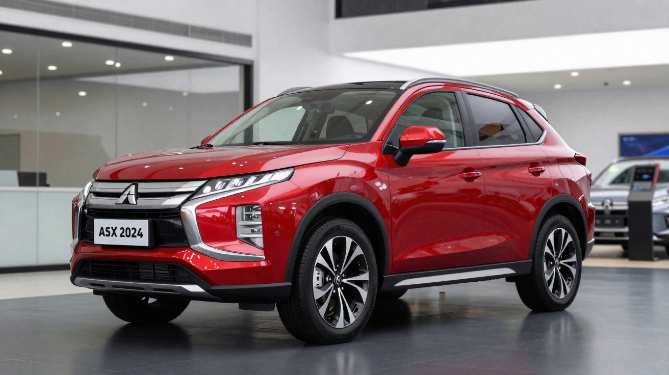 Roter Mitsubishi ASX 2024 SUV in einem modernen Autohaus, von vorne rechts aufgenommen.